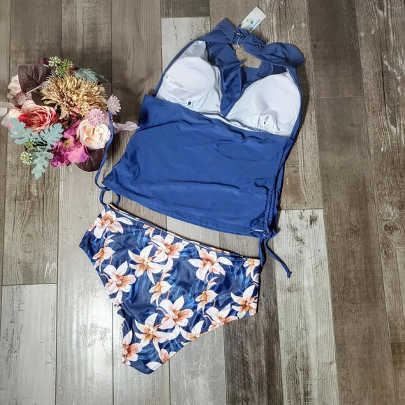 NWT Beachsissi Tummy Control Ruffle Shoulder Printed Tankini Set Size Large Blue - Picture 14 of 15